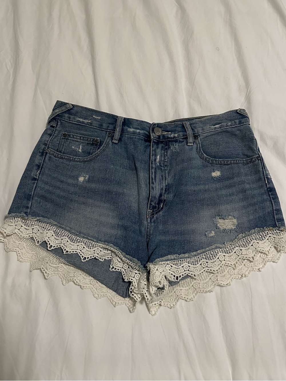 Free People Blue Distressed Denim Shorts with White Lace Trim